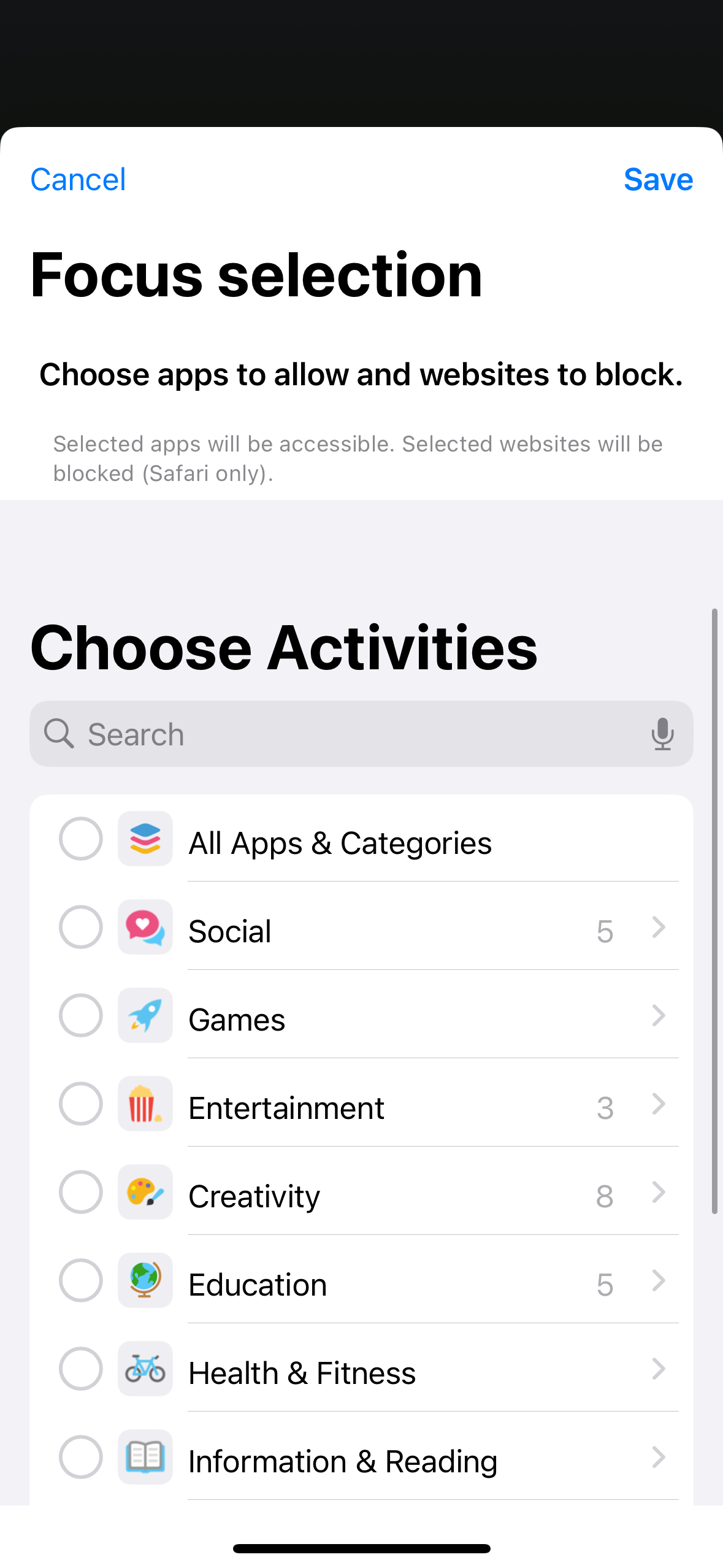 Focus settings screenshot